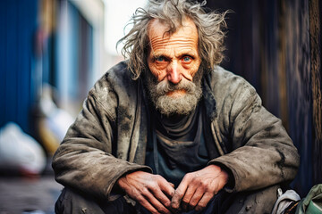 Homeless old man sitting on street - obrazy, fototapety, plakaty