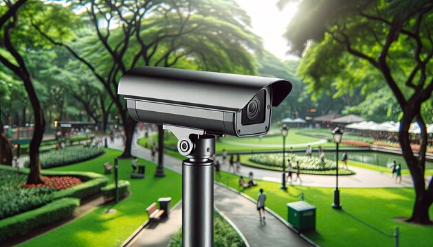 Modern Security Camera in Park with Blurred Background