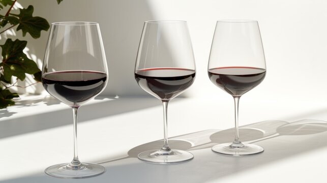 three glasses of red and white wine sitting on a table next to a potted plant on a window sill.