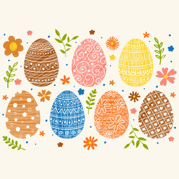 Easter poster. Background with hand painted egg and flowers. Vector illustration