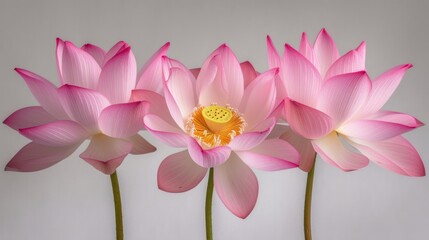 three pink flowers with a yellow center in front of a white background with a yellow spot on the center of the flower.