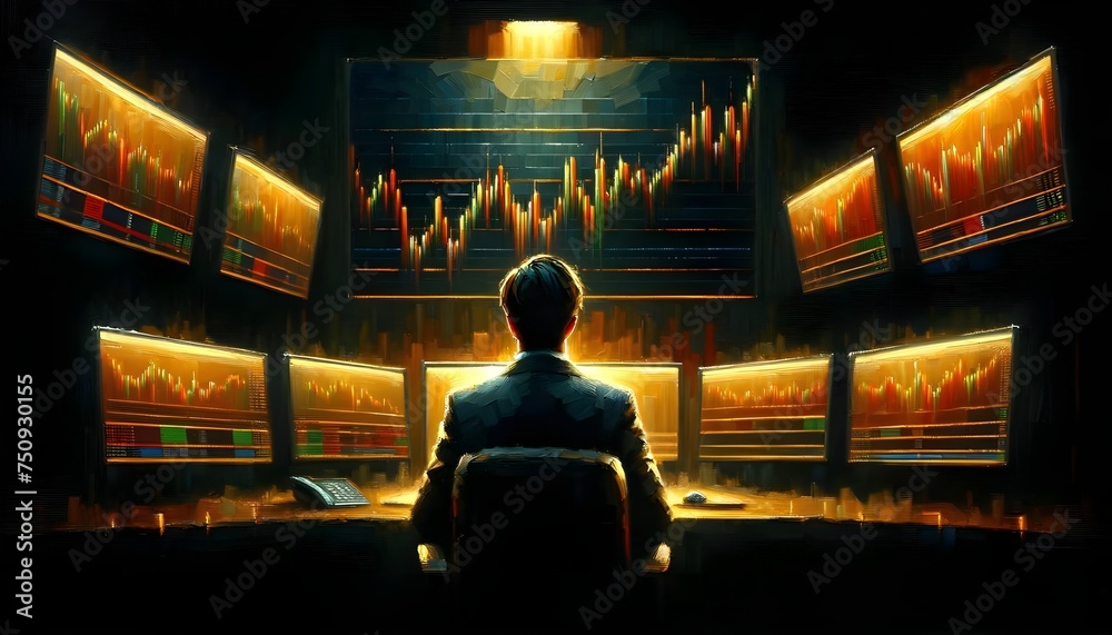 Wall mural the image depicts a person viewed from behind, facing an array of brightly lit stock market charts o