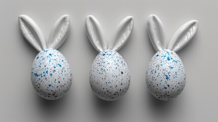 three white and blue speckled easter eggs in the shape of a bunny's ears with blue speckles.