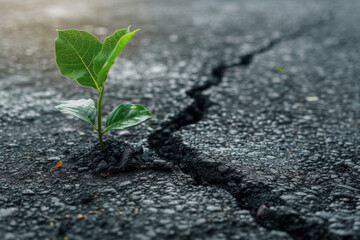 A resilient young plant sprouts through a cracked asphalt surface, a symbol of nature's persistence and rebirth.