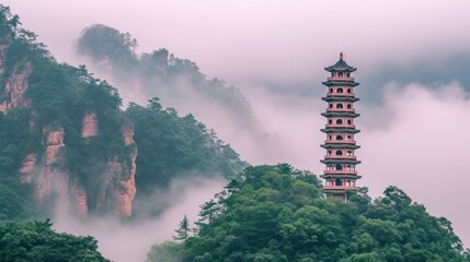 a tall tower sitting on top of a lush green forest next to a lush green mountain covered in clouds and fog.