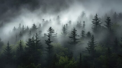A mystical forest shrouded in mist.