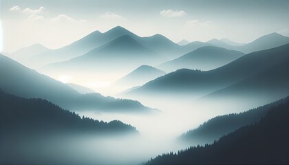 Fototapeta na wymiar Serene Mountain Landscape Enveloped in Misty Layers with Sunlight Piercing Through