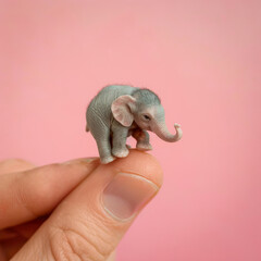 Cute minimal animal concept on pastel background. A miniature cub in a human hand on a fingertip. A cute irresistible baby elephant.