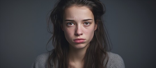 A brunette woman with long hair and acne is portrayed looking upset while wearing a gray shirt against a plain gray background.