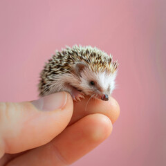 Cute minimal animal concept on pastel background. A miniature cub in a human hand on a fingertip. Cute irresistible baby hedgehog