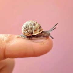 Cute minimal animal concept on pastel background. A miniature cub in a human hand on a fingertip. Cute irresistible baby snail with his house.