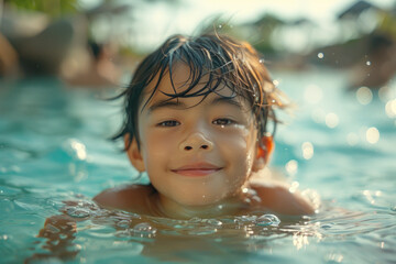 Fototapeta na wymiar Asian child boy swim on tropical sea against the background of palm trees.