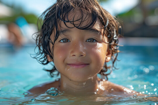 Asian child boy swim on tropical sea against the background of palm trees.