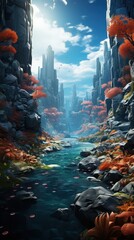 A serene valley with a waterfall surrounded by autumn trees - obrazy, fototapety, plakaty