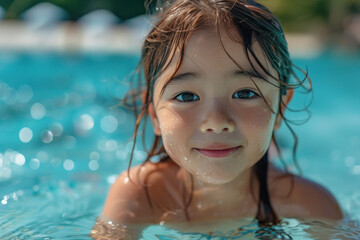 Fototapeta na wymiar Asian child girl swim on tropical sea against the background of palm trees.