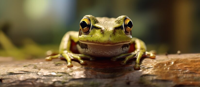green frog on a log blur nature background