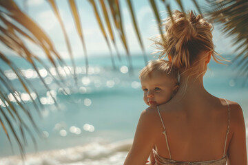 Mother holds child in arms against background of tropical sea with palm trees
