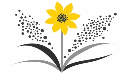 Poster an open book with a yellow flower in the middle of the book is a black and white background with dots. © Anna