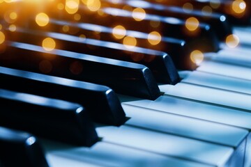 Piano keys background with bokeh. Musical instrument