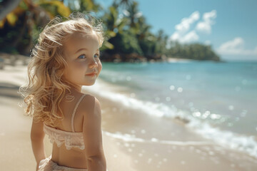 Caucasian child girl walking on sandy coast of tropical sea against background of palm trees