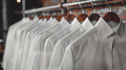 Stylish Men's Long Sleeve White Shirts For Business or Wedding Hanging on Hangers in a Closet or Store. Men's Boutique Salon Concept.