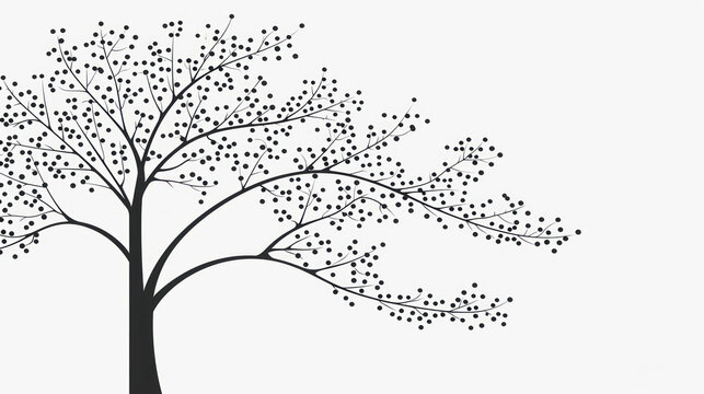 a black and white drawing of a tree with lots of dots on it's leaves and a white background.