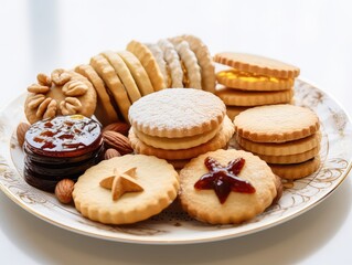 Obraz na płótnie Canvas delightful assortment of sugar cookies adorned with nuts and jam, elegantly arranged on a light surface. Each cookie is perfectly baked to a golden hue, 
