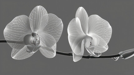a black and white photo of two white orchids on a branch with water droplets on the petals and a black and white background.