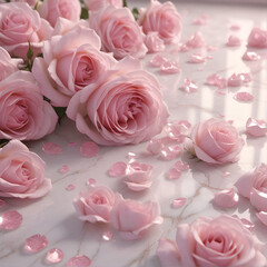 Rose flowers and rose petals on the marble floor