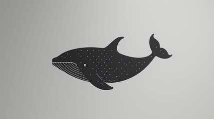 a black and white drawing of a whale on a gray background with a black dot pattern on the bottom of the whale's head.
