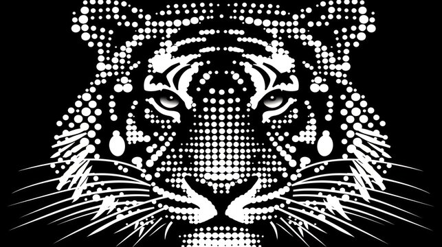 a black and white picture of a tiger's face with dots all over it's body and head.