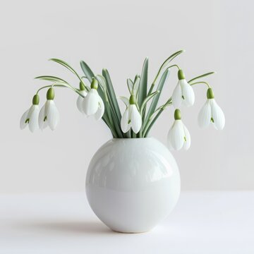 snowdrop flowers in a white vase on the table.