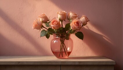 Peach Roses in a Pink Vase 41