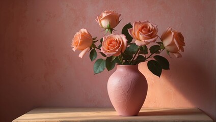 Peach Roses in a Pink Vase 38