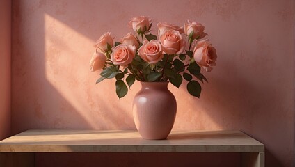 Peach Roses in a Pink Vase 42