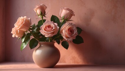 Peach Roses in a Pink Vase 44