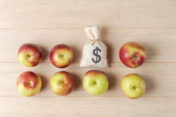 Money bag surrounded by apples on wooden table - 750932548
