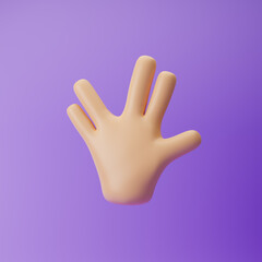 Cartoon emoji hand showing scifi salute gesture isolated over purple background. 3d rendering.