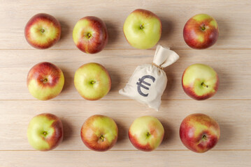 Apples circled around a Euro money pouch