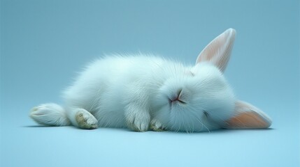 a white bunny rabbit laying on its side with its head on a piece of carrot in front of a blue background.