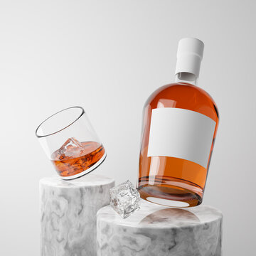 Bottle with blank label and glass of rum with ice standing on marble podiums isolated over white background. Mockup template. 3d rendering.