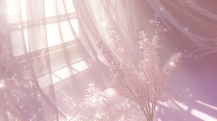 a blurry photo of a tree in front of a window with the sun shining through the sheered curtains. - obrazy, fototapety, plakaty