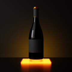 Bottle of red wine with blank label on glowing floor isolated over dark background. Mockup template. 3d rendering.