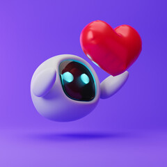 Cute robot reaching for inflated heart icon isolated over purple background. Technology concept. 3d rendering.