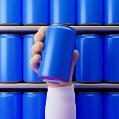 Cartoon hand taking aluminum soda can from refrigerator shelf isolated over purple background. 3d rendering.