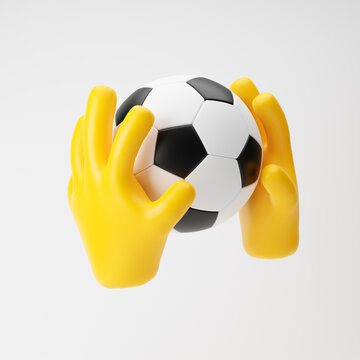 Yellow emoji hands holding football isolated over white background. 3d rendering.