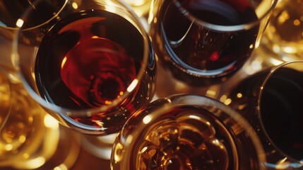 a group of wine glasses sitting next to each other on top of a table filled with red and white wine.