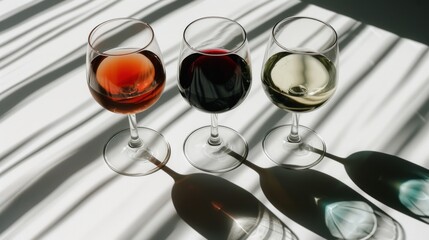 a group of wine glasses sitting on top of a table next to a shadow of a person's shadow.