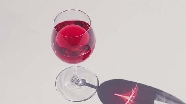 a glass of red wine sitting on top of a table next to a shadow of a wine glass on a table.