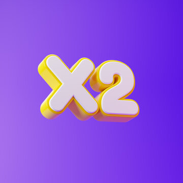 White x2 symbol with yellow outline isolated over purple background. 3D rendering.